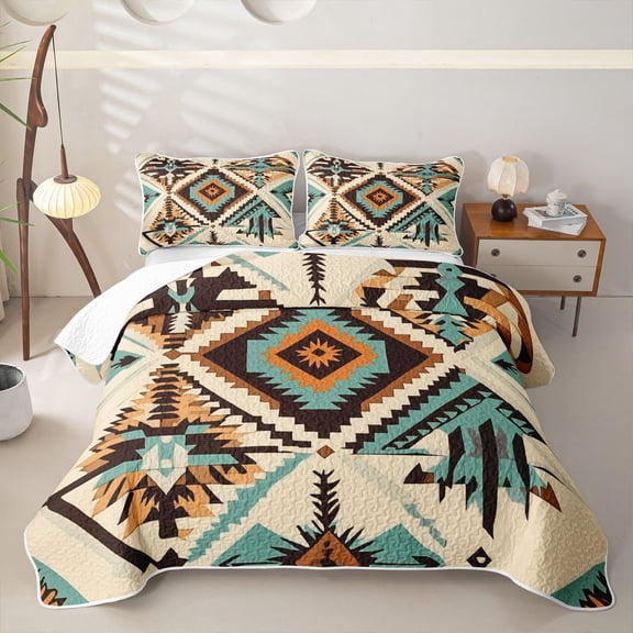 Homewish Retro Boho Rhombus Twin Quilt Set,Bohemian Exotic Style Twin Coverlet Set,Cream Teal,2-Piece