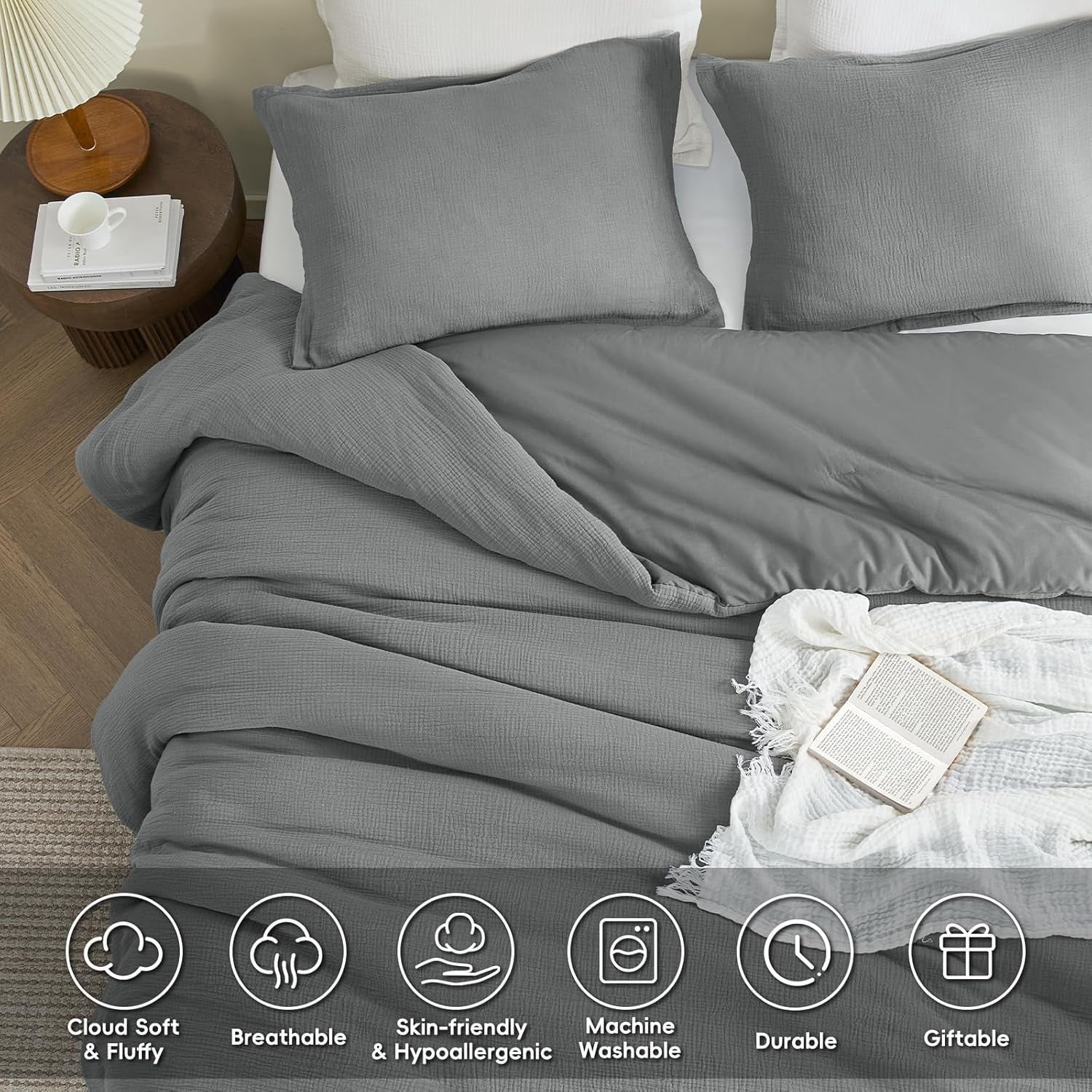 PHF Cotton Muslin Comforter Set King Size, Ultra Soft, Breathable & Lightweight Bedding Set for All Seasons, 1 Comfy Comforter 104"x90", 2 Pillow Shams 20"x36", Grey