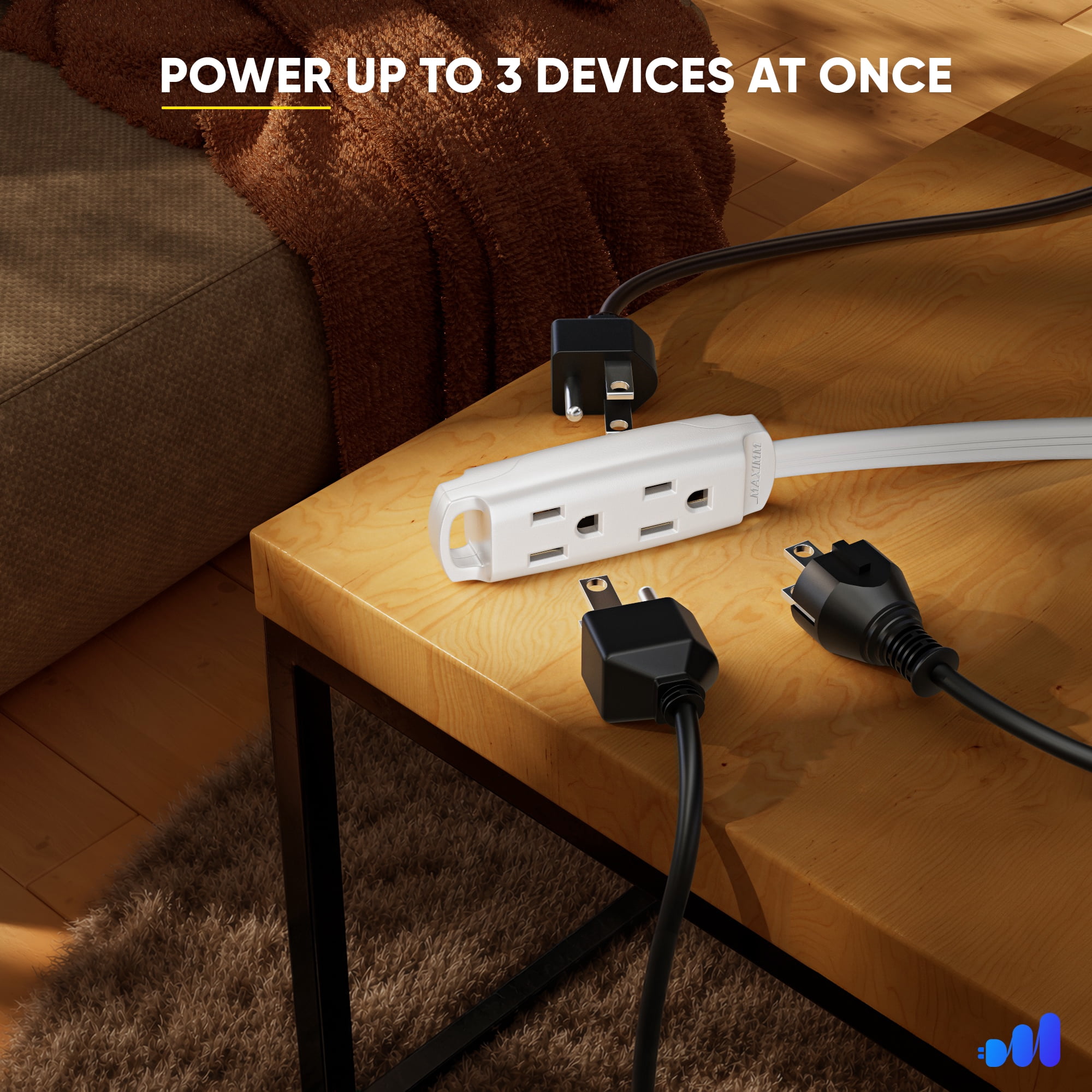Maximm 3-Outlet 360° Rotating Flat Plug Extension Cord, 15ft, White, 14AWG Heavy Duty Flat Wire with Hanging Loop, 2-Sided Multi-Outlet Power Strip, UL Certified
