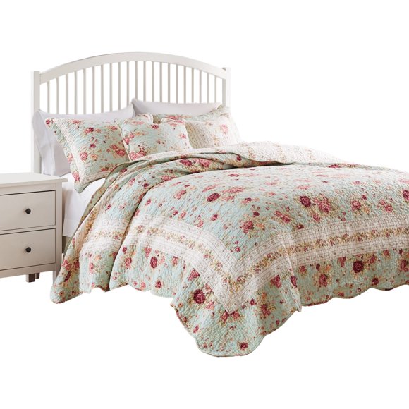 Rosle 5pc Full/Queen Quilt Set, Shams, Patchwork Floral Print, Blue Cotton