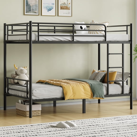 Capri Metal Twin over Twin Size Bunk Bed Frame with 10.63'' Under-Bed Storage & Stairs & Full-Length Guardrail, Noise Free, Heavy-duty, Black