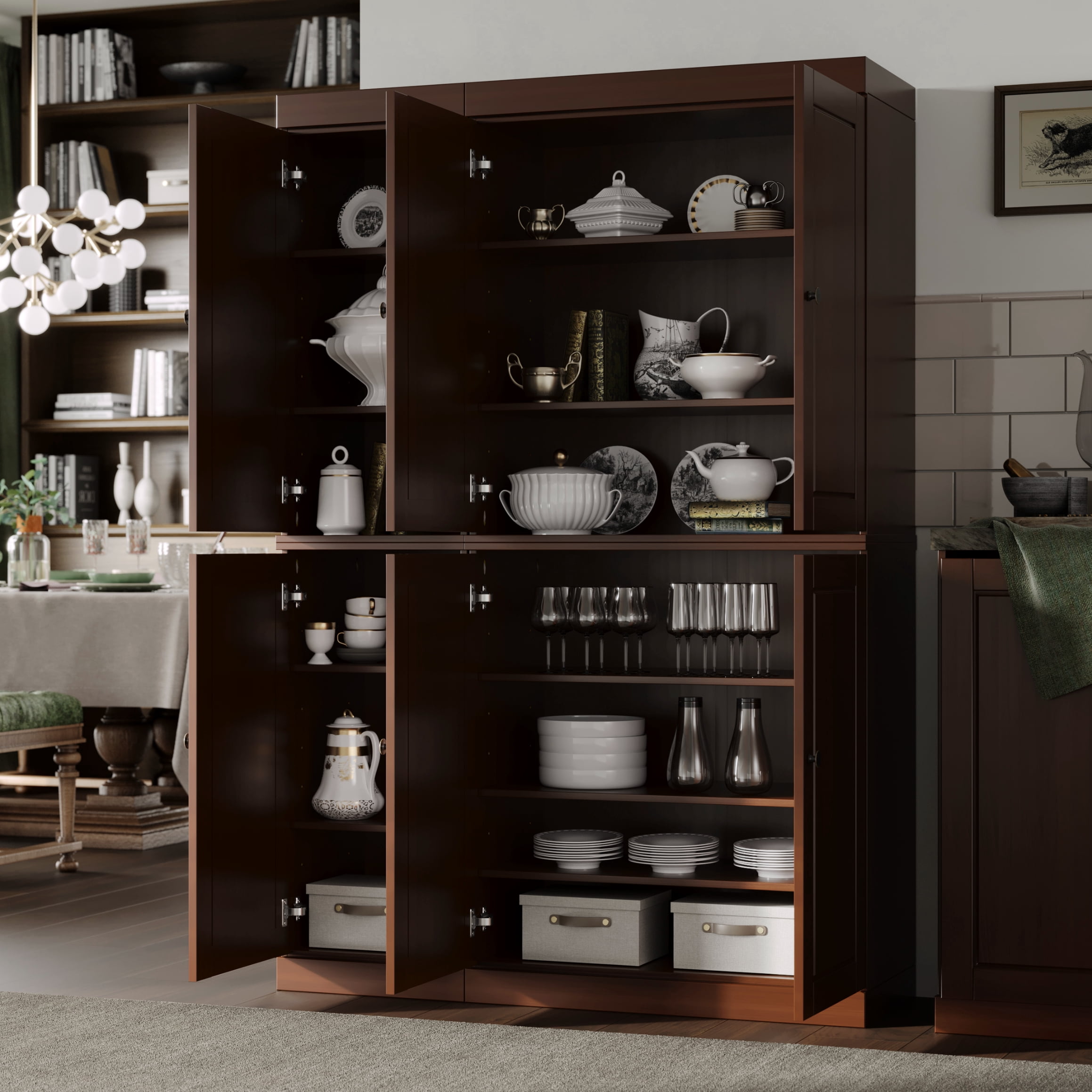 Palace Imports 100% Solid Wood Kitchen Pantry Storage Cabinet with Doors and Adjustable Shelves, 6-Door, Mocha