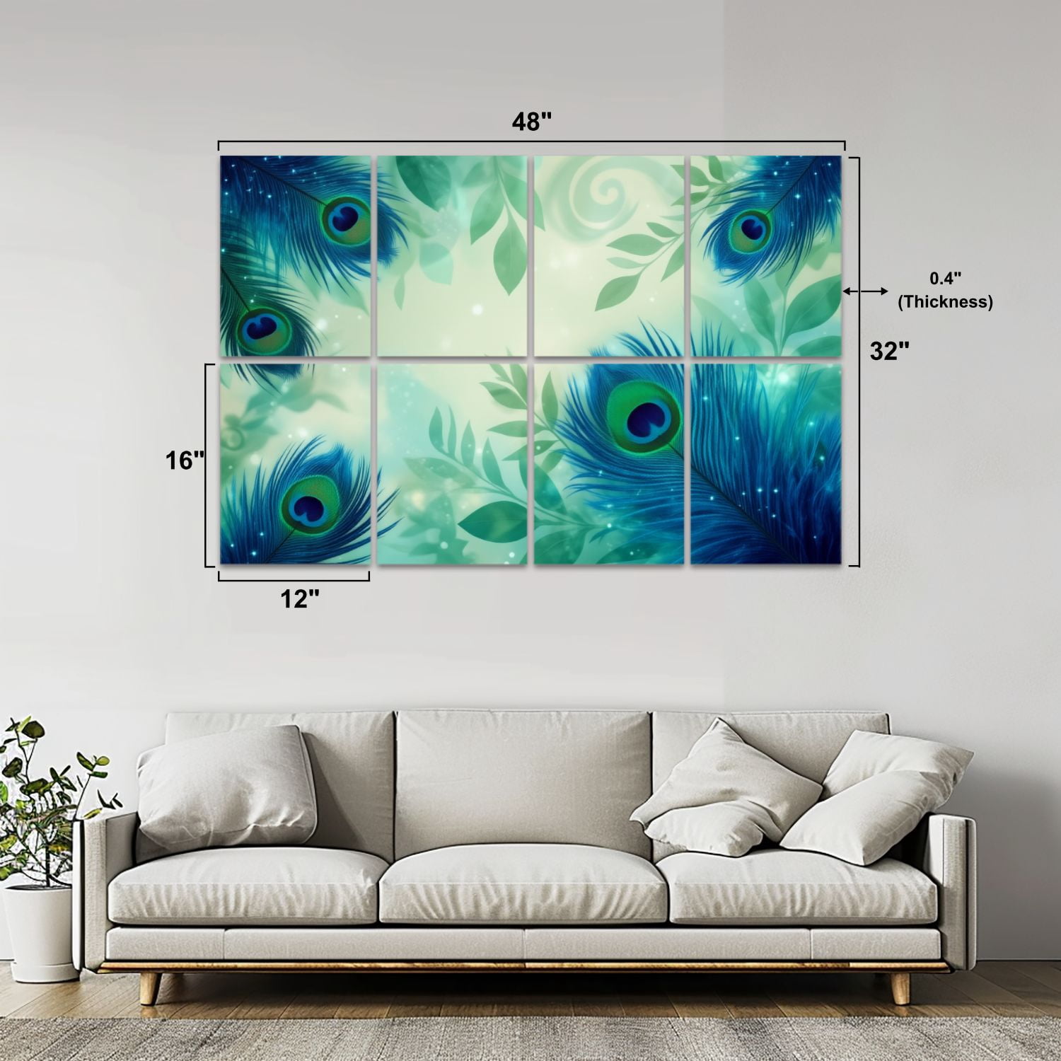 Vintage 8 Pack Art Acoustic Panels Sound Absorbing Elegant Peacock Feather Teal Blue Tones Decorative Soundproof Wall Panels Self Adhesive for Nursery Game Room Bedroom 48"x32"