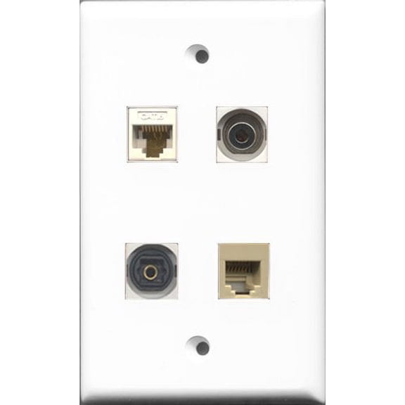 RiteAV 1 Port Phone RJ11 RJ12 Beige and 1 Port Toslink and 1 Port 3.5mm and 1 Port Cat6 Ethernet White Wall Plate