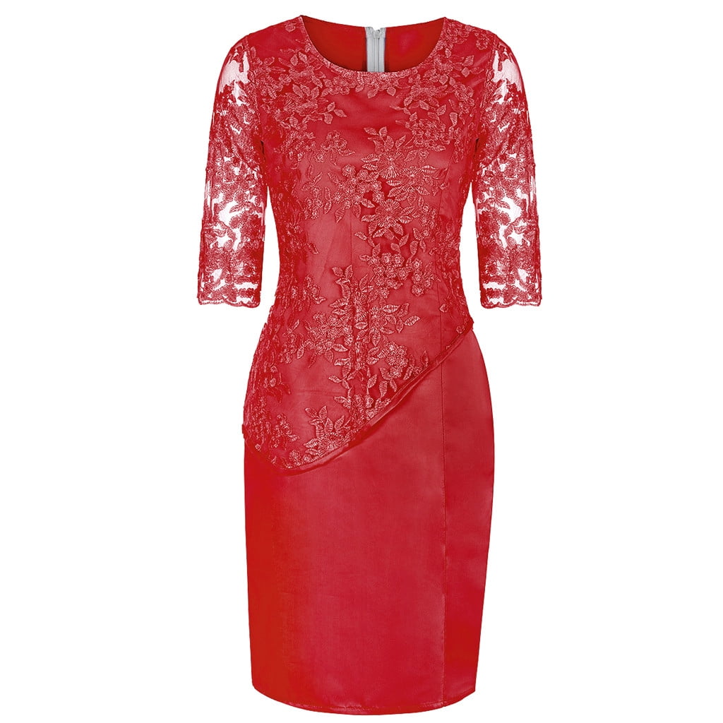 JGGSPWM Women's Lace Overlay Midi Dress 3/4 Sleeves Floral Embroidery Cocktail Evening Dresses Red 2XL