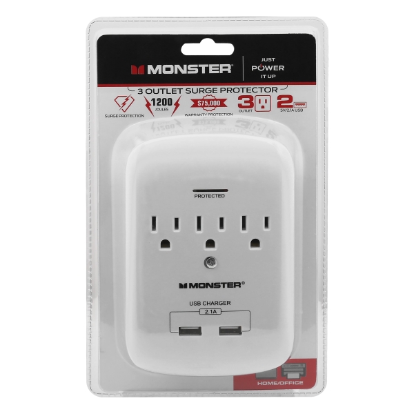 Monster 3001114 Just Power it Up 1200J 3 Outlets Wall Tap Design Surge