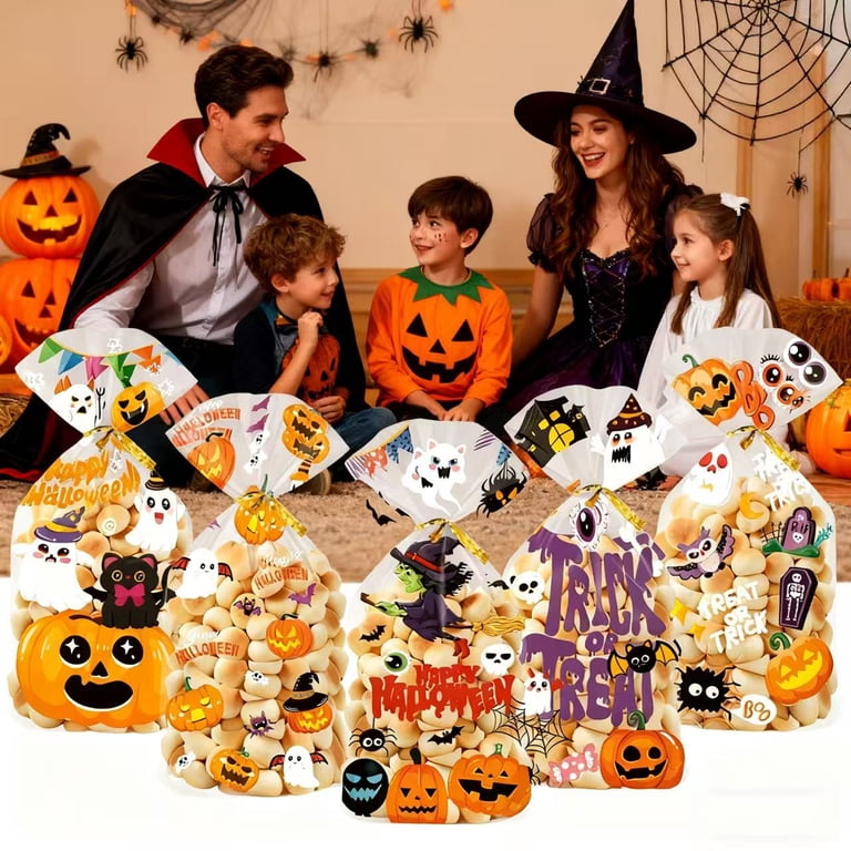 100 Pcs Halloween Self-Adhesive Treat Bags - Clear Plastic Candy Bags For Parties, Goodie Bags, & Snacks