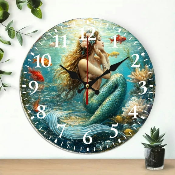 mermaid fish water Wall Clock, Battery Operated (AA Not Included) Wall art Decor, Perfect for Living Room, Dorm, Bedroom, Kitchen, Home Office & More, Wall Clock Living Room