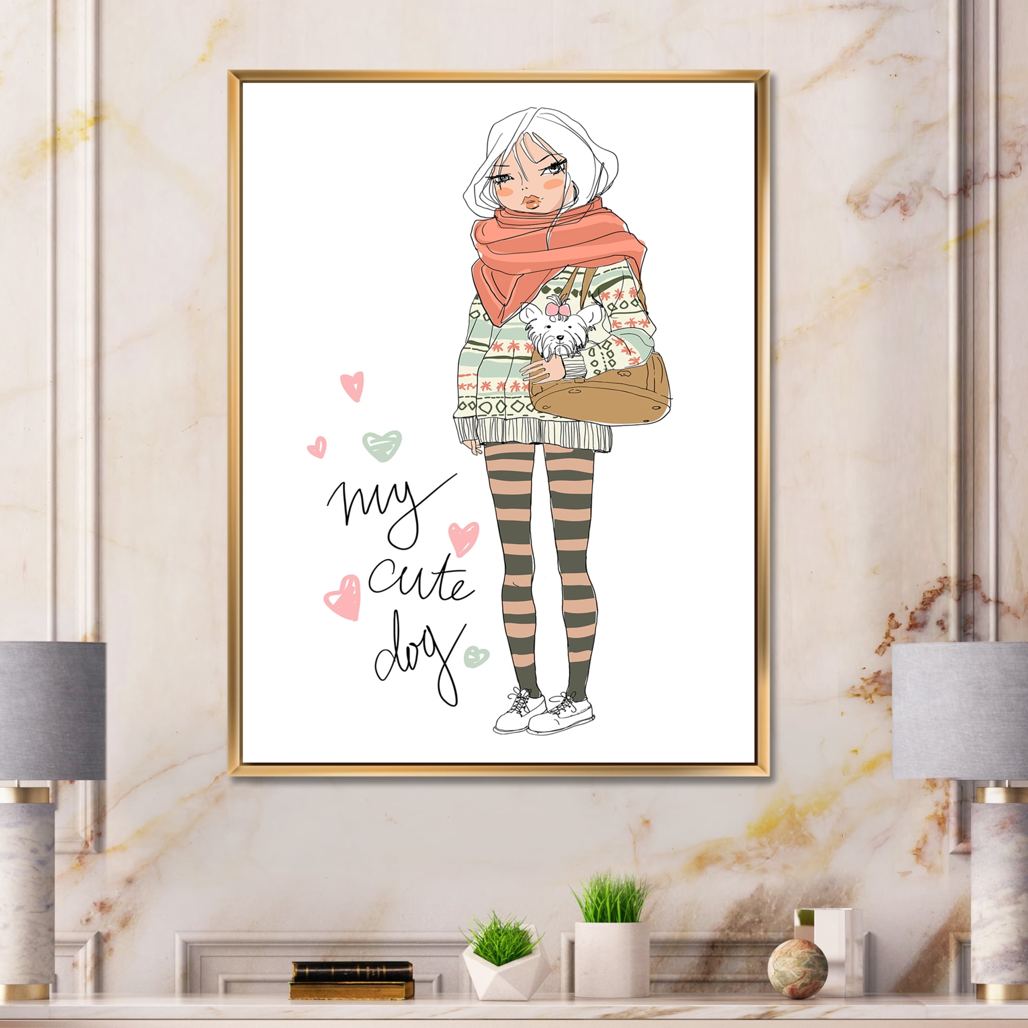 Designart 'My Cute Dog Cute Girl With Dog' Shabby Chic Framed Canvas Wall Art Print