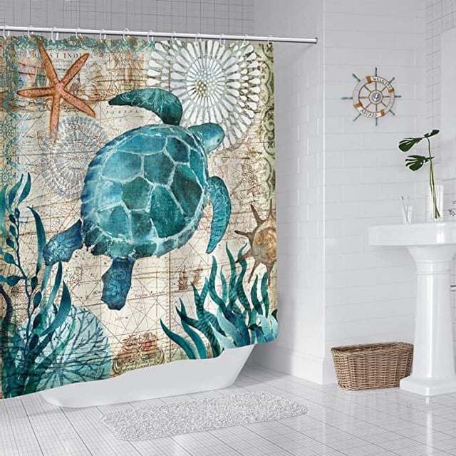 Jinsinto Mildew Resistant Shower Curtain Fabric Shower Curtain 180x180cm, Waterproof Washable Polyester Bathtub Bath Curtain with Hooks, Sea Turtle Pattern