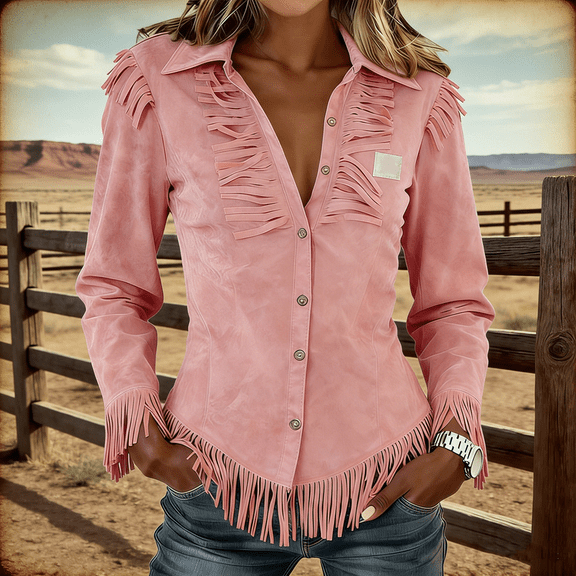 Women's Vintage Western Cowgirl Shirts Long Sleeve Fringe Retro Motorcycle Casual Outwear by Yigetop Pink L