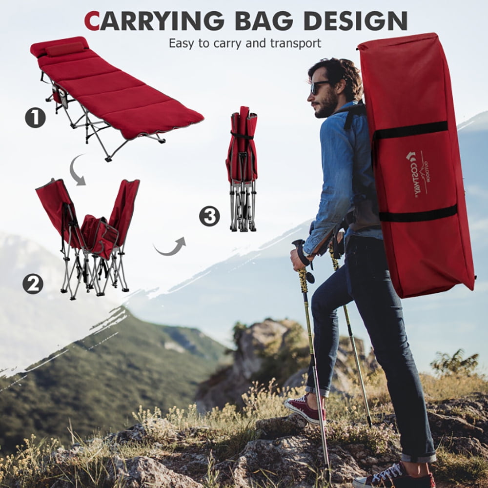 Aimee Lii Folding Retractable Travel Camping Cot with Mattress and Carry Bag, Outdoor Portable Camping Bed for Sleeping Hiking Travel, Red