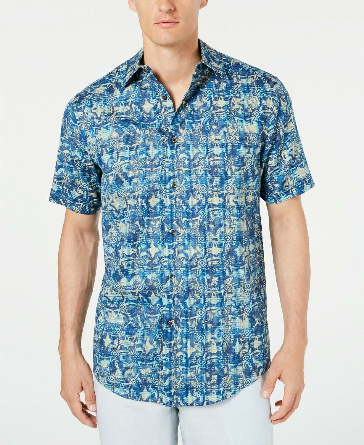Tasso Elba Mens Shirt Blue Size XL Silk Tropical Print Button Down $65 #013 