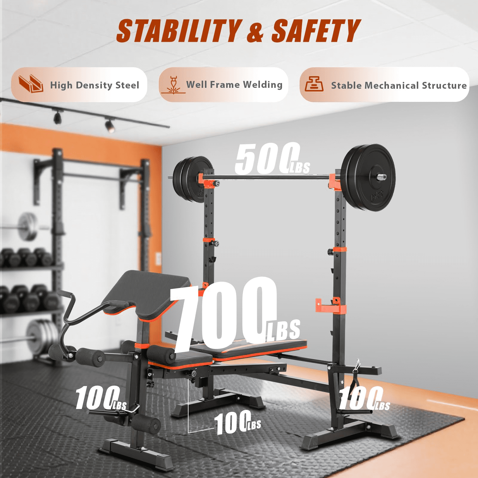 PUATUL 1500LB Olympic Weight Bench  with  (Leg Extension/Curl/Preacher Curl/Squat Rack)6-in-1 adjustable Workout Bench for Home Gym，foldable bench press set