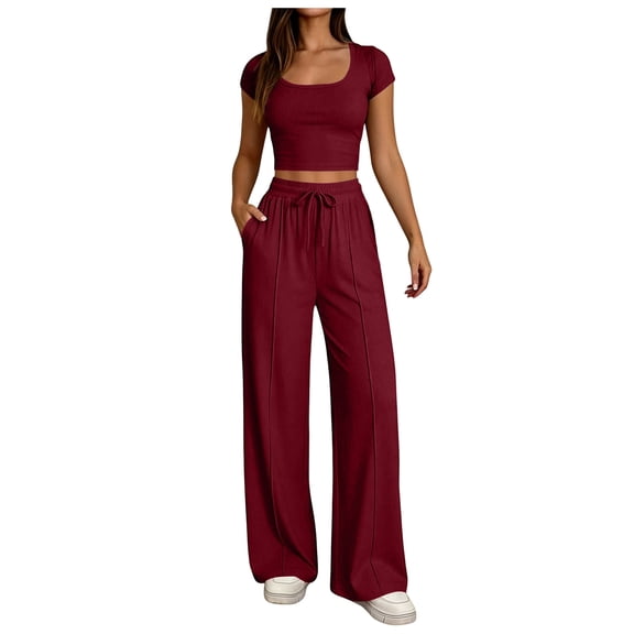 Vdoaml Ladies Tracksuit 2 Piece Outfit Womens Short Sleeve Crop Top Pants Set Women Casual Loungewear Matching Sets XL Red