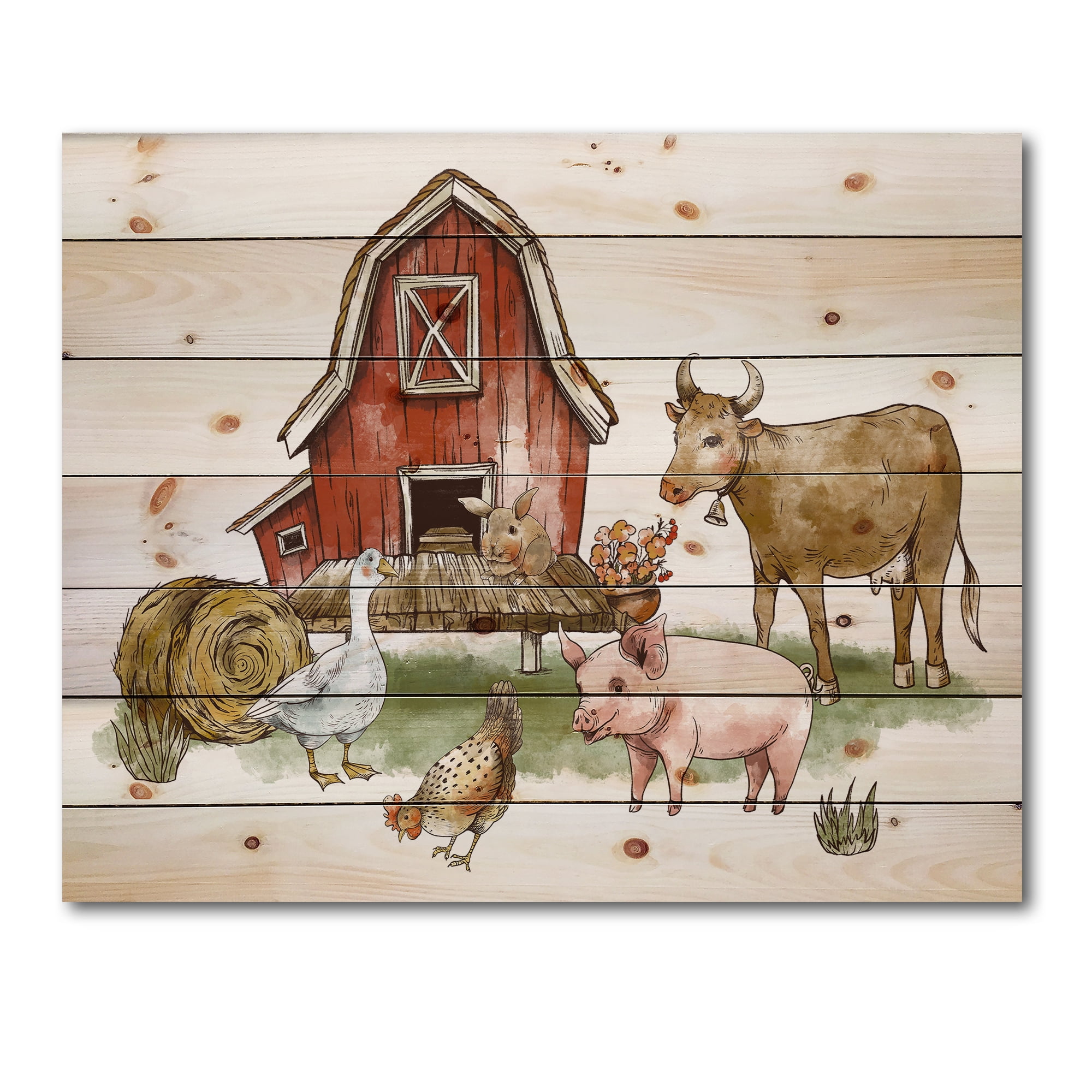 Designart 'Farm House With Goose Cow Pig Chicken and Haystack' Rustic Print on Natural Pine Wood