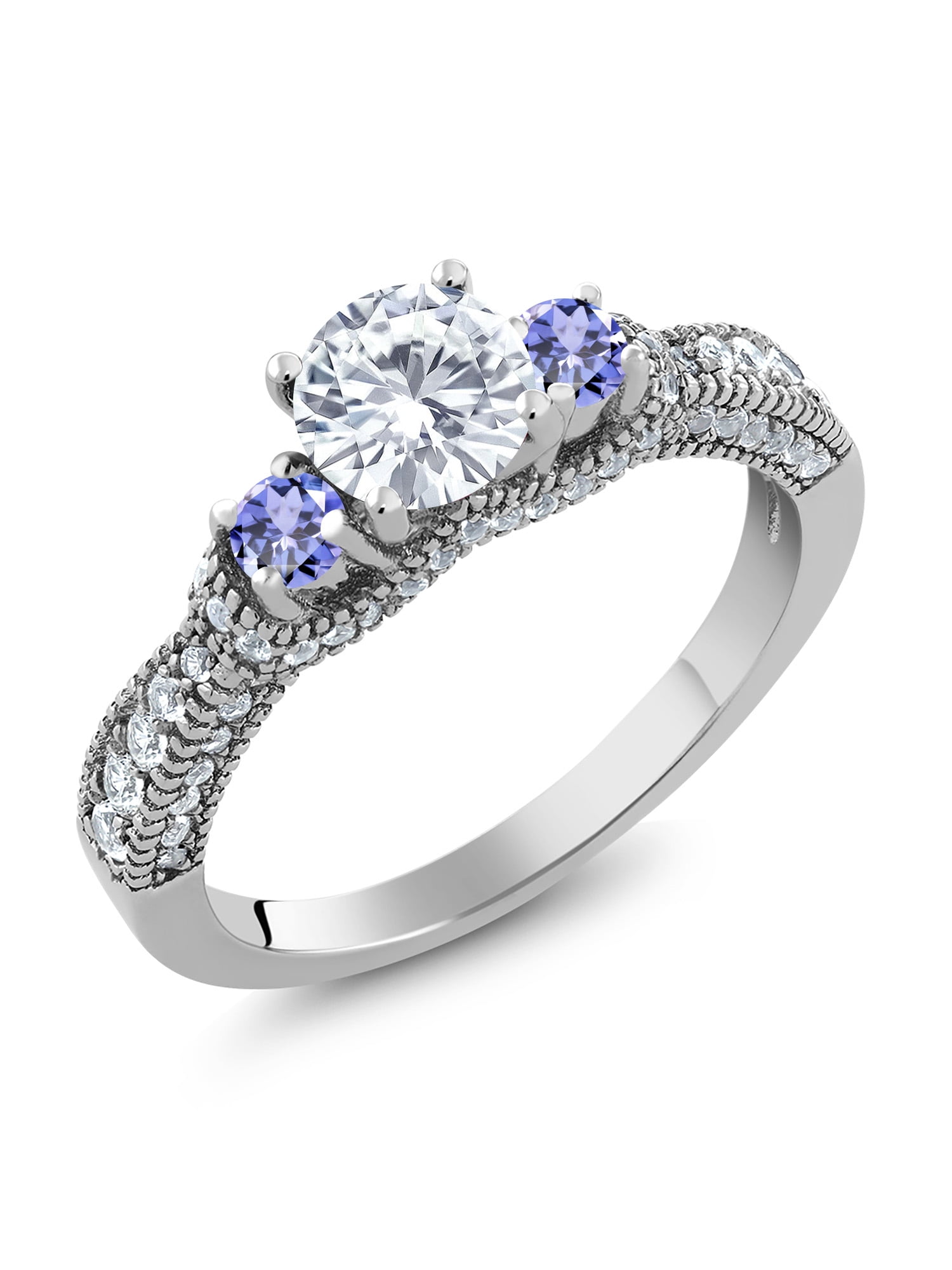 Engagement Ring Created Moissanite by Charles & Colvard and Created Sapphire DEW 925 Sterling Silver 3-Stone Ring Forever Classic KLM Round 0.50ct 