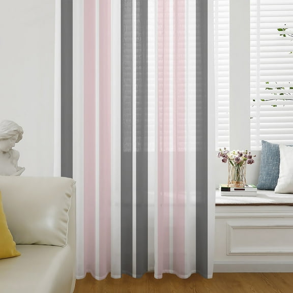 Pink Grey Striped Semi Sheer Curtains Drapes for Living Room, Bedroom, French Doors Window 72 Inches Long, Gray Modern Abstract Art Rod Pocket Chiffon Curtain Drapery Voile Draperies Panel
