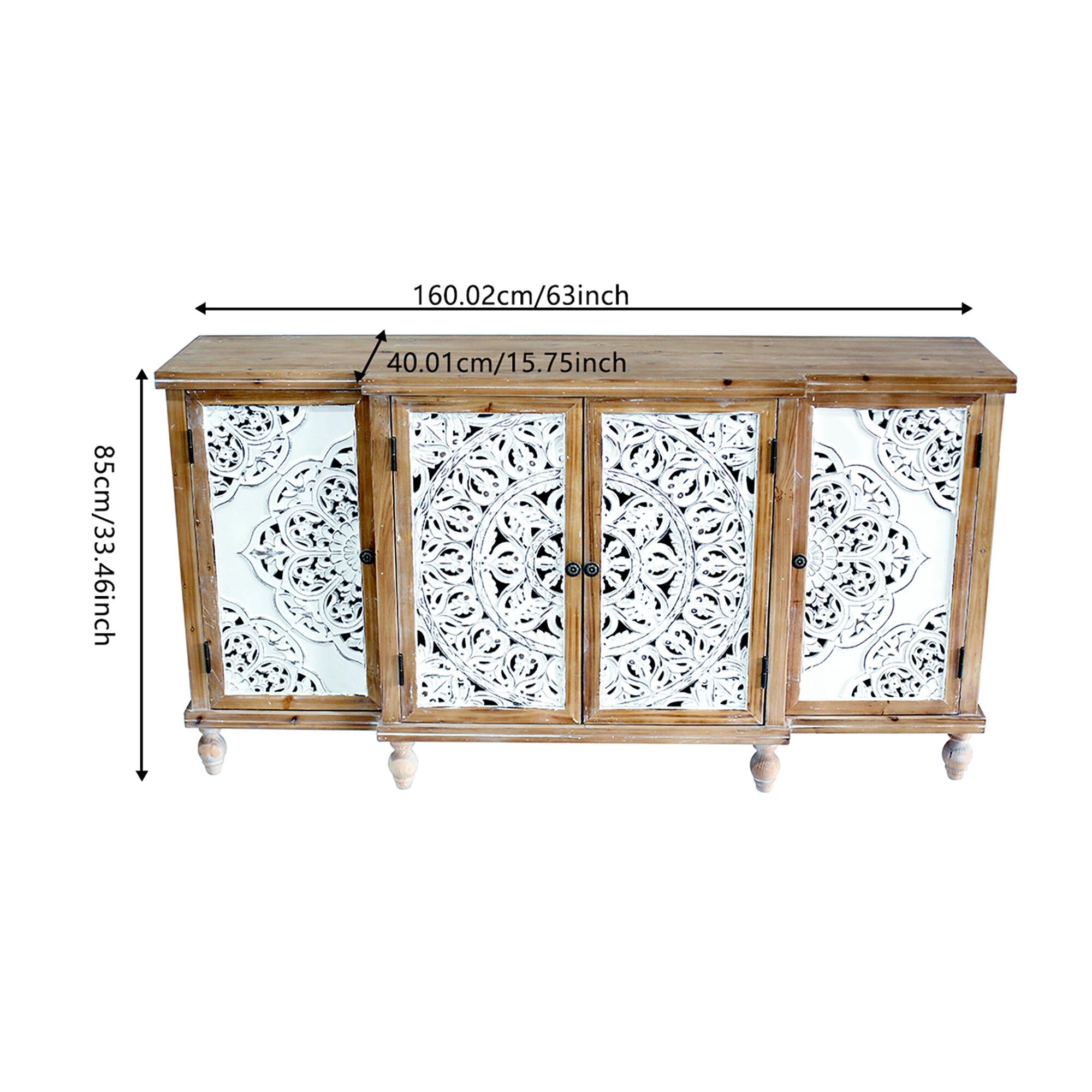 AENKYO Vintage Distressed Accent Cabinet Sideboard Buffet with Handmade Carved Doors and Adjustable Shelves, Natural