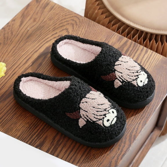 WOYY Winter Furry Slippers For Women Cute Cow Print Warm Comfort Indoor House Shoes