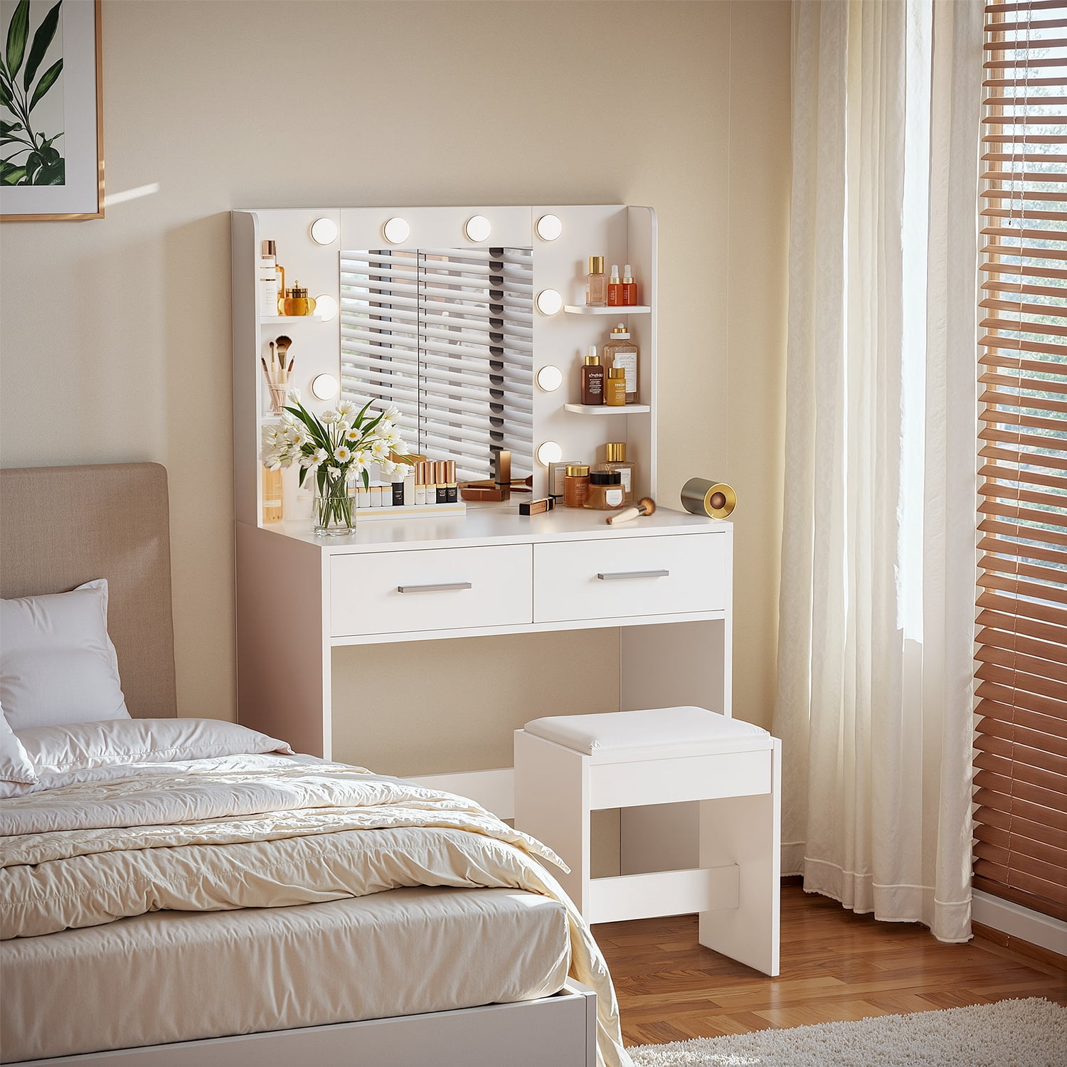 Vineego Makeup Vanity Desk with Lighted Mirror & Power Outlet, Makeup Vanity with stool,White