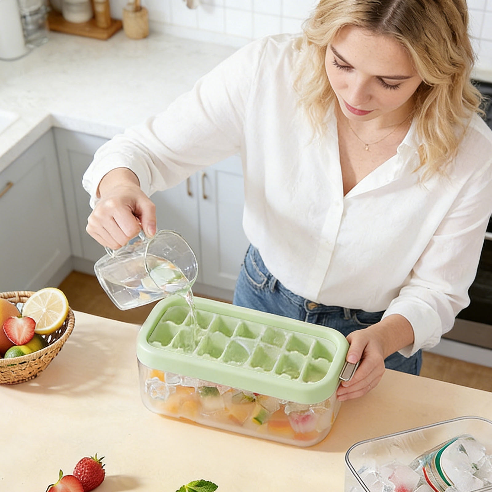 14-Cube Ice Cube Tray with Lid & Storage Bin, Green Press-Type Ice Maker with Sealed Cover, Food-Grade Ice Mold for Freezer, Cocktails, Coffee, Drinks, Home Kitchen Use