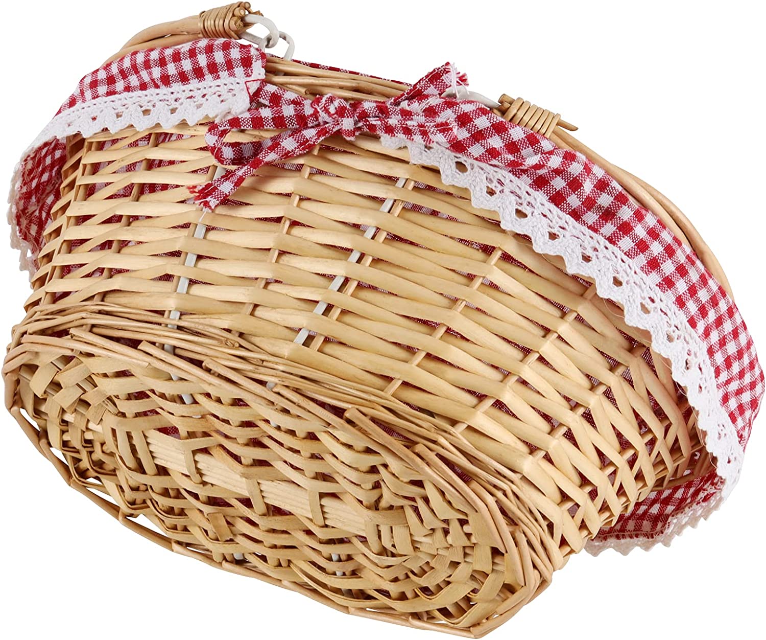 2 PCS Natural Wicker Basket with Double Handles and Washable Gingham Liner, Small Hand Woven Gifts Basket Empty for Easter, Picnics, Gifts, Home Decor, Candy Fruit Storage, 13 x 9 x 4.7 Inch