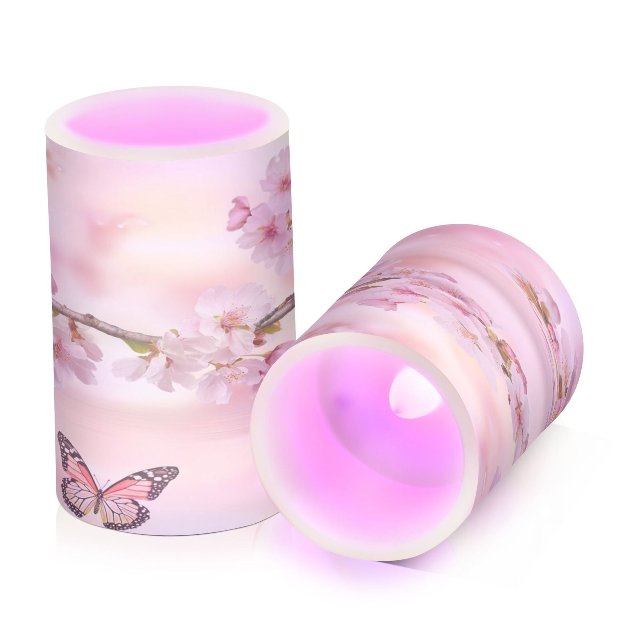 Flameless Candles Lights, Pack of two LED Lights, Dimmable LED Pillar Candles Battery Operated, Flames Remote Control Beautiful Cherry and Butterflies