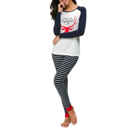 Christmas Nightgowns For Women Julymona Plus Size 5XL Womens Christmas Print Nightwear Sleepwear Striped Pajamas 2-Pic Set ()