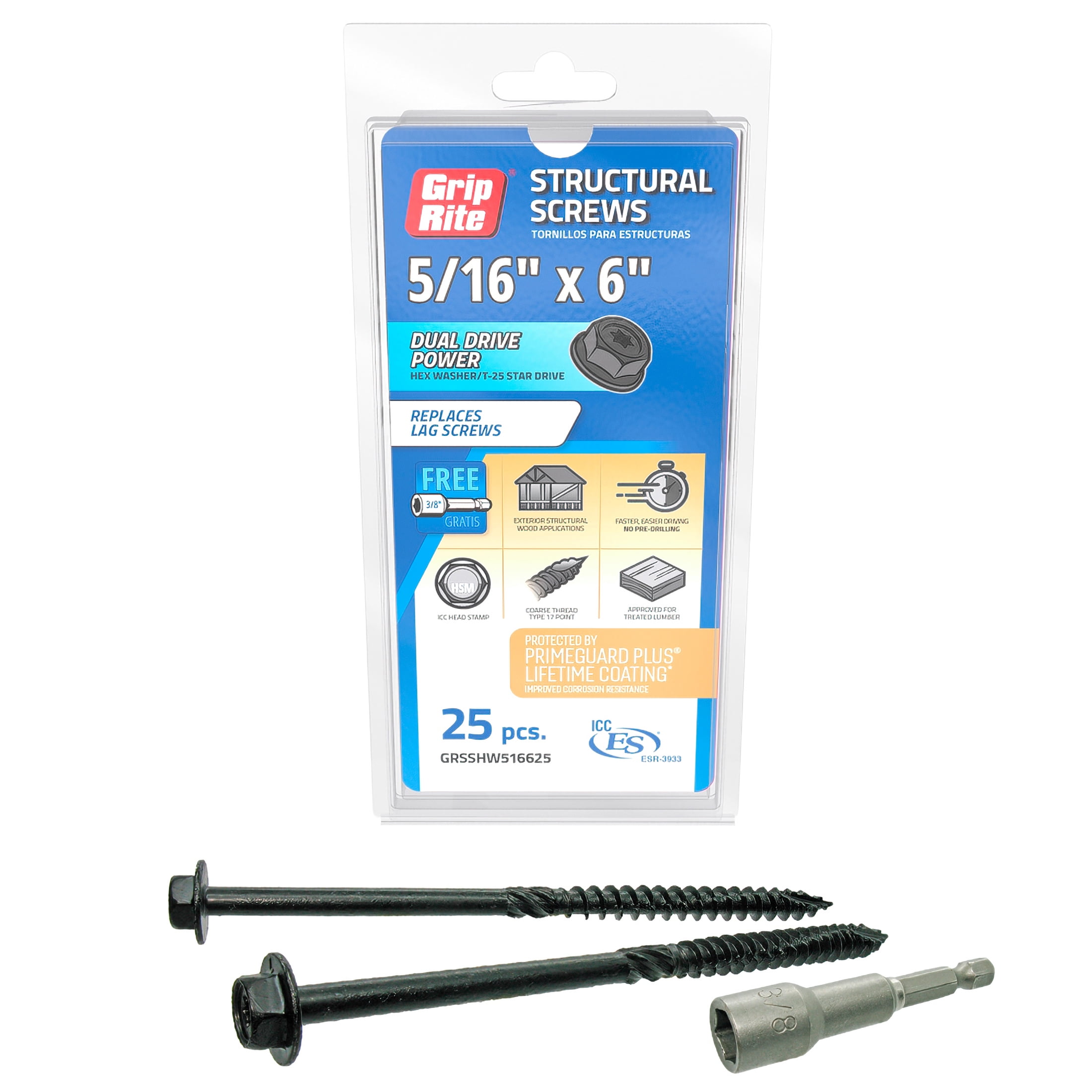 Grip-Rite 5/16 x 6 in. Structural Screw Dual Drive/Hex Washer Head 25CT