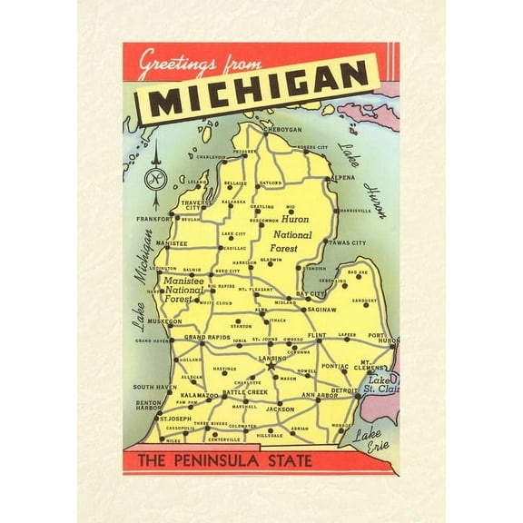 Vintage Lined Notebook Greetings from Michigan, Map, (Paperback)
