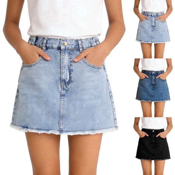Purcolt Denim Skirt for Girls 4-15 Years, A-Line High Waisted Mini Jean Skirt with Elastic Waistband & Frayed Hem