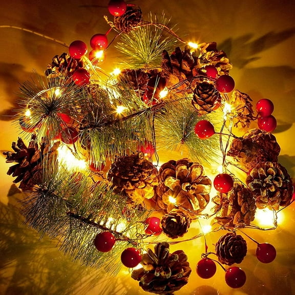 Christmas Garland Lights 10 ft Topboutique Pine Cone String Lights with Red Berry Upgraded Battery Operated Garland with 30 LED Lights Xmas Decor Lights for Outdoor Indoor Christmas Decorations