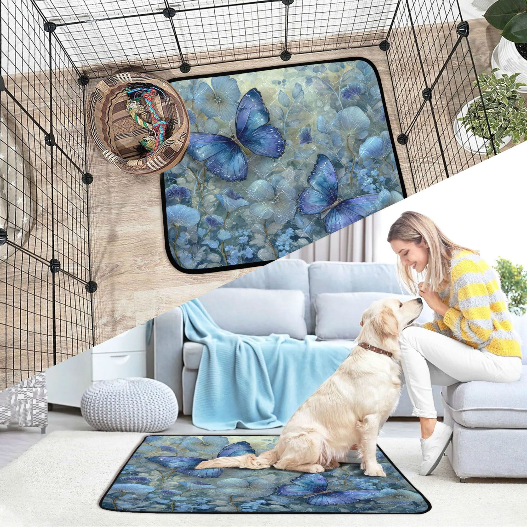 Qxltty Butterfly Floral Cat litter Pads Pet Set of 3 Diaper Mats Center Anti-leakage Layer Absorbent Soft and Comfortable