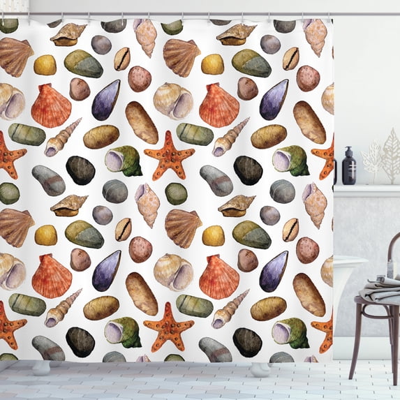 Shells Shower Curtain, Beach Sand Theme Watercolor Drawing of Sea Elements Sea Stones Starfish and Seashell, Fabric Bathroom Set with Hooks, 69W X 70L Inches, Multicolor, by Ambesonne