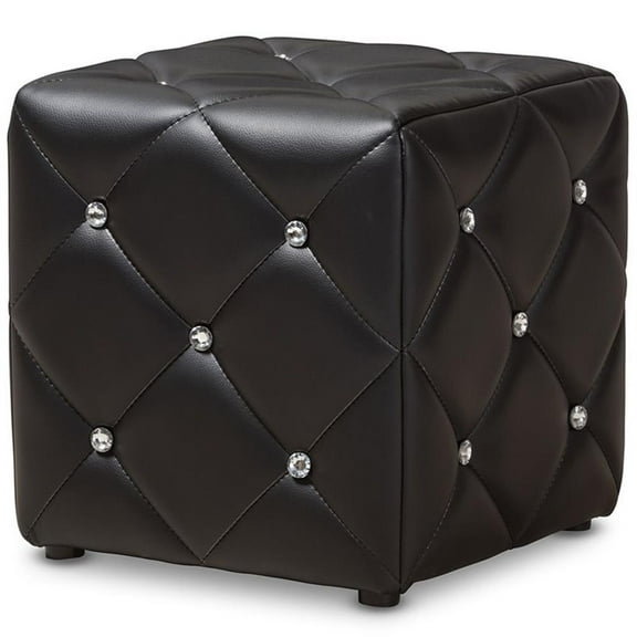 Bowery Hill 14" Square Faux Leather Ottoman in Black