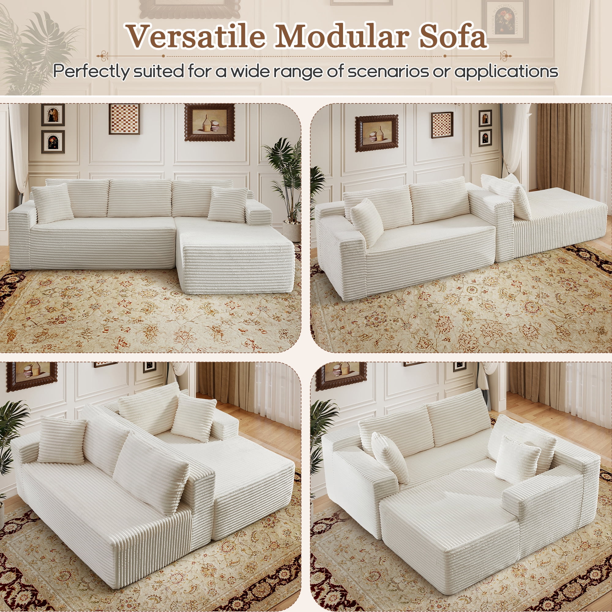 Muumblus Modular Sectional Sofa, Oversized L-Shape Cloud Couch, Modern Corduroy Sleeper Couches for Living Room, No Assembly Required, Beige White (Right Facing Chaise)