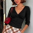 thumbnail image 6 of QASIEATN Womens 3/4 Sleeve Deep V Wrap Neck Ruched Crop Tops Summer Open Back Tshirt Slim Fit Classic Blouse Tee Fall Fashion Outfits, 6 of 9