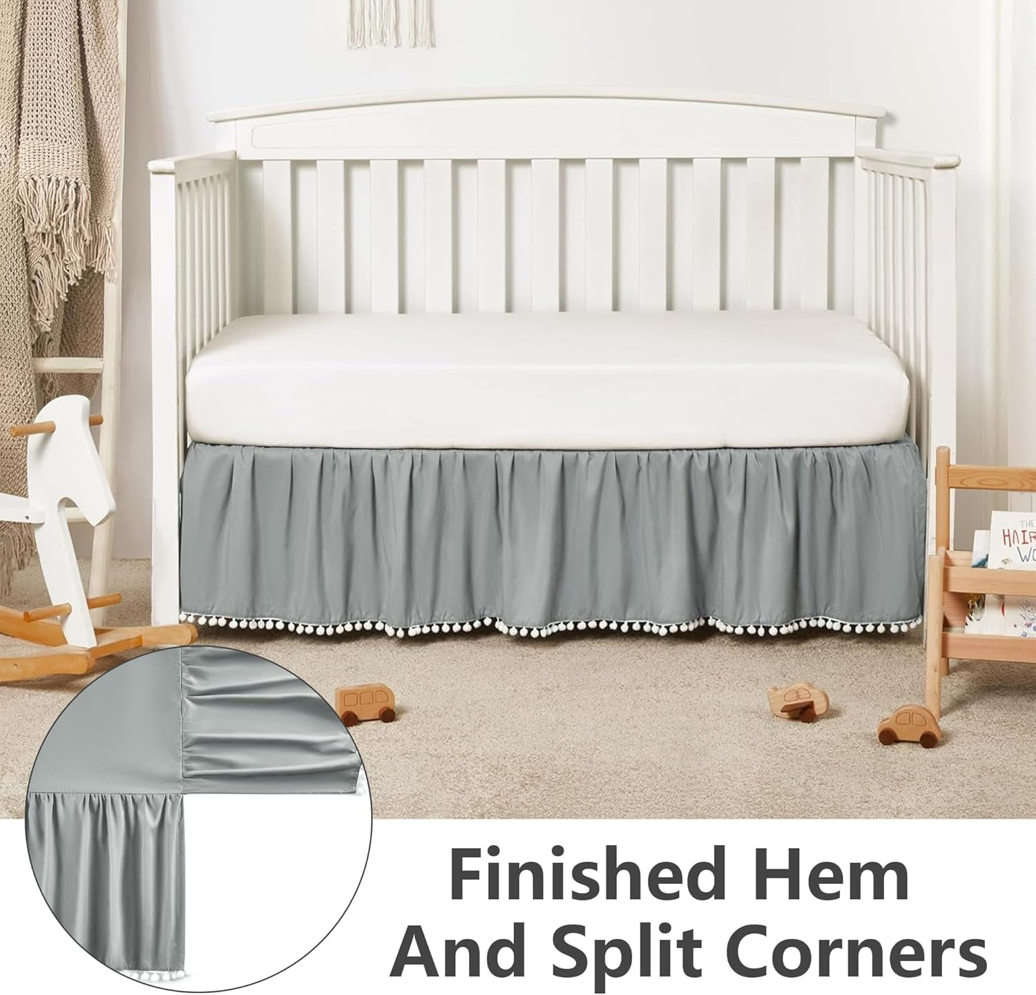Ruffled Crib Skirt with Pompoms:Crib Bed Skirt with 14" Drop,Mini Crib Bedding Toddler Skirt,Baby Crib Accessories for Baby Boys Girls,28" X 52" (Gray)