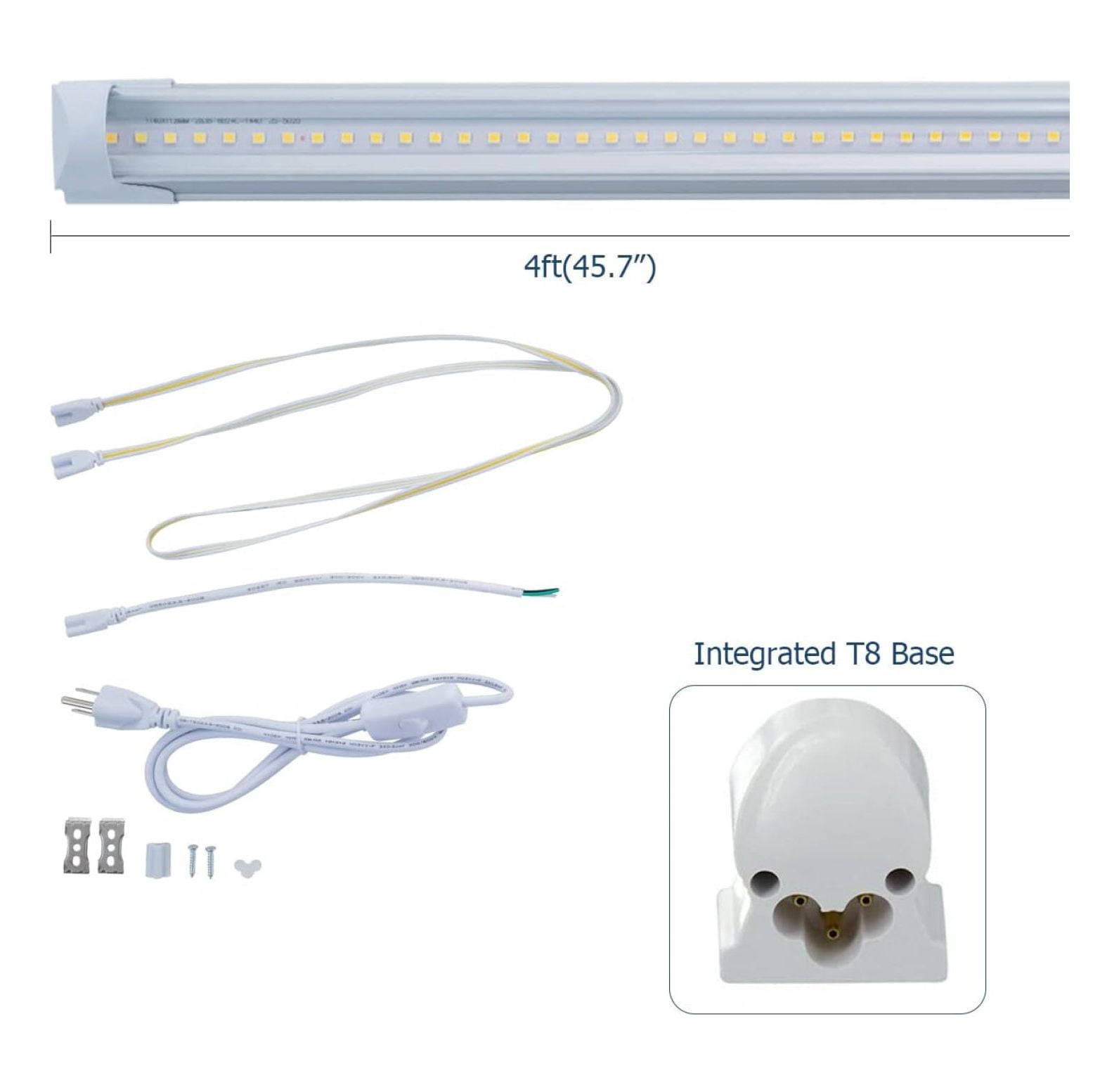 6 Pack T8 Shop Light, 4FT 24W 6000K Daylight White Linkable LED Integrated Tube Lights With Clear Cover, Bar Lights for Garage, Workshop, Workbench With On/Off Plug Cord