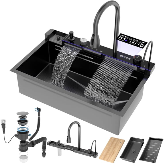33x22 inch Nano Black Flying Rain Waterfall Sink Household SinkIntegrated Sink with Pull-Out Tap Set