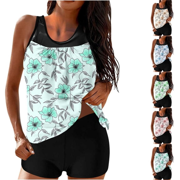 Jsaierl 2 Piece Tankini Swimsuits Women High Waisted Summer Vacation Print Push Up Swimwear Athletic Tankini Tops with Pants Tankini Bathing Suits S-2XL