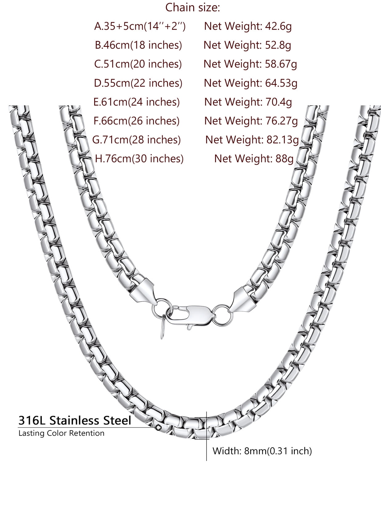 ChainsProMax Stainless Steel Flat Box Chain Male Necklace 20inch 8mm Hip Hop Jewelry Gift for Father