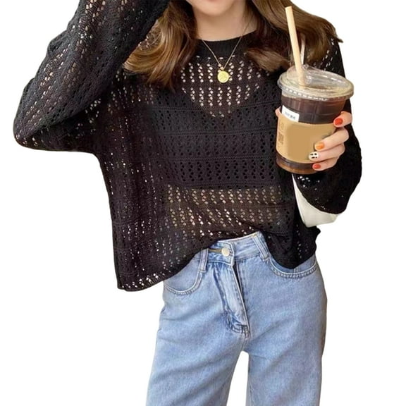 XISAOK Hollow Out Sweater Crewneck Elegant Long Sleeve See Through Knitted Tops Y2K