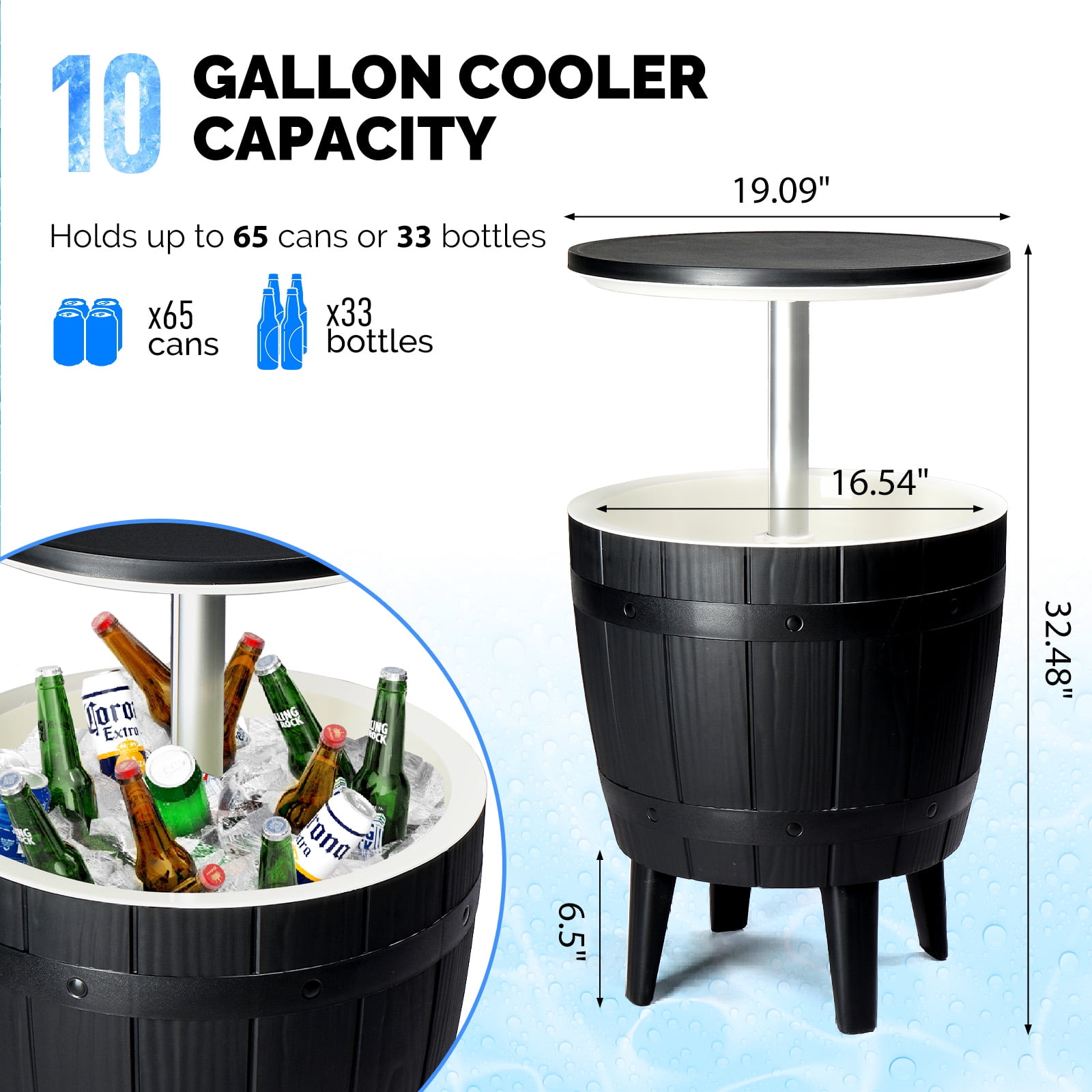 BAYUELSWU Outdoor Cooler Table, Height-Adjustable Outdoor Cool Bar w/ 10 Gallon Beer and Wine Cooler, All-Weather Resistant Patio Cooler Ice Cool Bar for Deck Pool Party (Black)