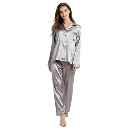 

Tony & Candice Women s Classic Satin Pajama Set Adult Sleepwear (S Gray with White Piping)