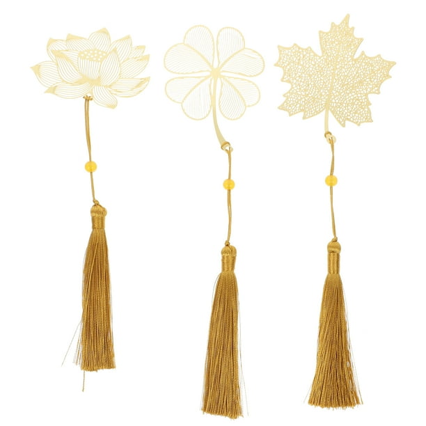 KAKOWELY 3 marcadores de libros de metal con forma de hoja y flor, con borlas