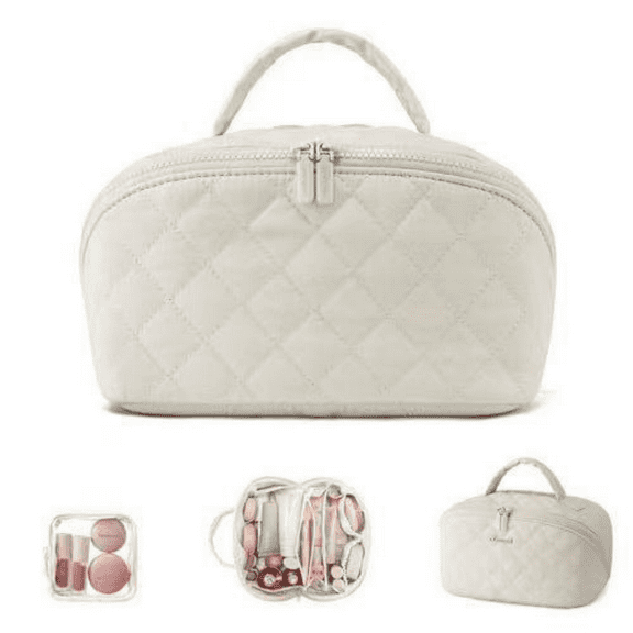 Travel Makeup Bag for Woman, Set Makeup Bags with Compartments Large Capacity Pouch Open Flat Small Toiletry, Puffer Waterproof Cosmetic Organizer Portable Bag for Business Trips