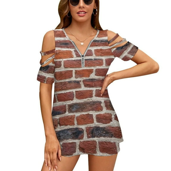 Red Brick Wall Womens Summer V Neck Zipper Top Short Sleeve T Shirt Off Shoulder Top Casual Classy Loose Shirts