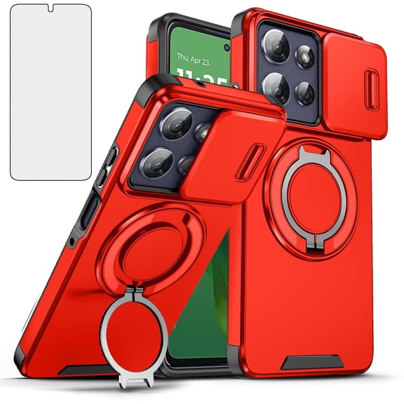 Asuwish Compatible with Motorola Moto G Power/G Play 5G 2025 Phone Case Slide Camera Cover Tempered Glass Screen Protector Stand Ring Holder Rugged Slim Cell for XT2515-1 Women Men Red